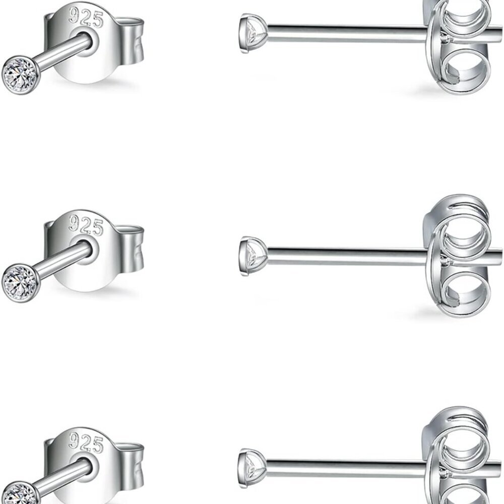 Sterling Silver Stud Earrings for Women Men- 3 Pairs of Tiny Round Cubic Zirconi